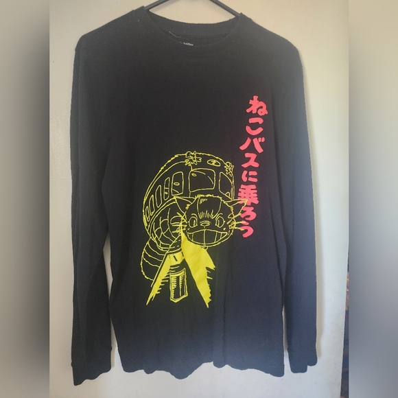 Tops - Black Cotton Long Sleeve Ghibli Cat Bus Tee